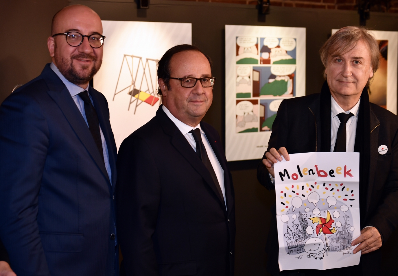 Cartoonist exhibition in Molenbeek with François Hollande